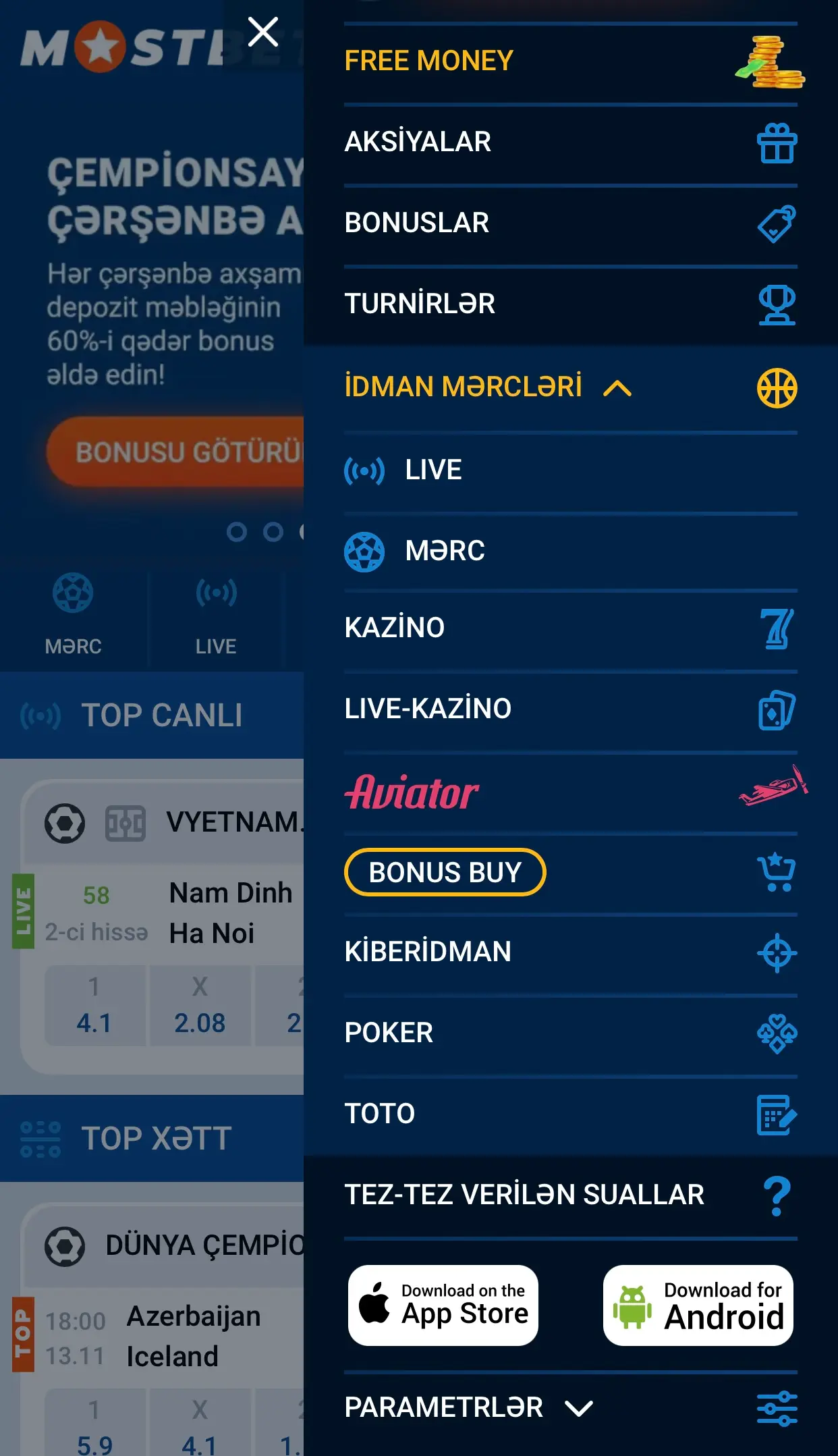 Mostbet yükləmə - App Store və Android üçün yükləmə düymələri ilə footer banneri